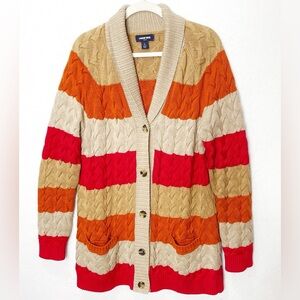 Lands' End Drifter Cotton Chunky Cable Knit Cardigan Sweater Striped Size Large